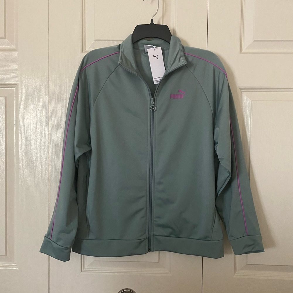 Puma Women's Green Track Jacket with Purple Accents. Size M